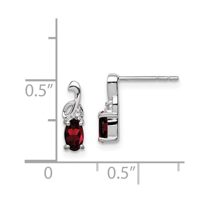 Sterling Silver Rhodium Plated Diamond Garnet Oval Post Earrings