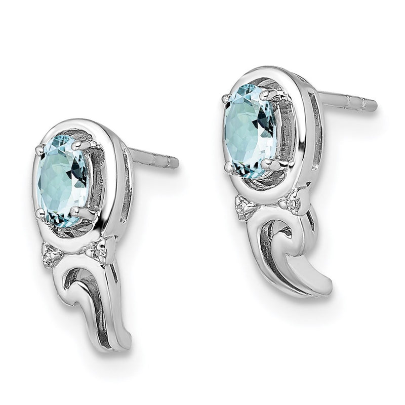 Sterling Silver Rhodium Plated Diamond & Aquamarine Post Earrings