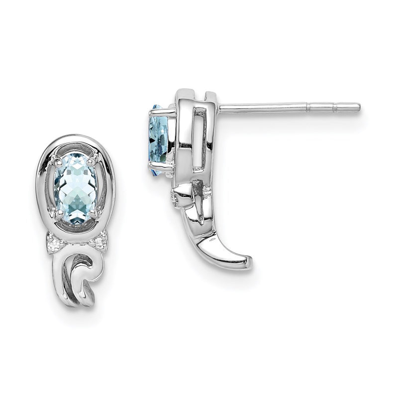 Sterling Silver Rhodium Plated Diamond & Aquamarine Post Earrings
