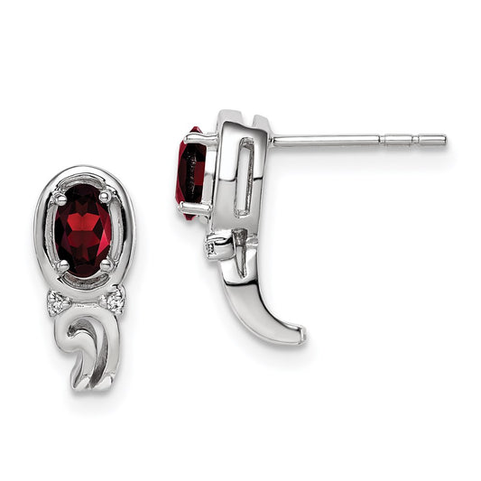Sterling Silver Rhodium Plated Diamond & Garnet Post Earrings