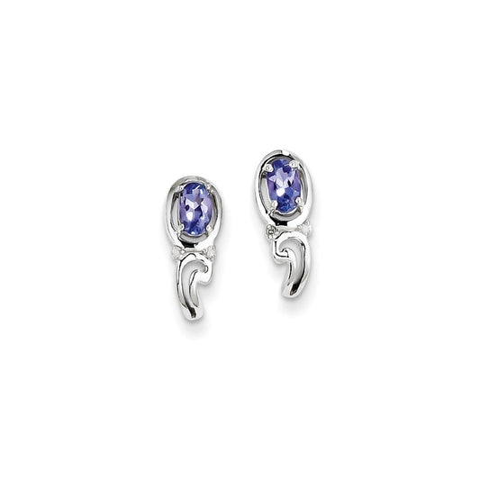 Sterling Silver Rhodium Plated Diamond & Tanzanite Post Earrings