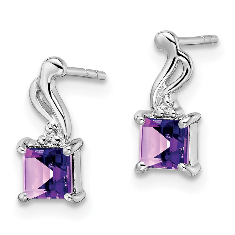 Sterling Silver Rhodium Plated Dia. Amethyst Square Post Earrings