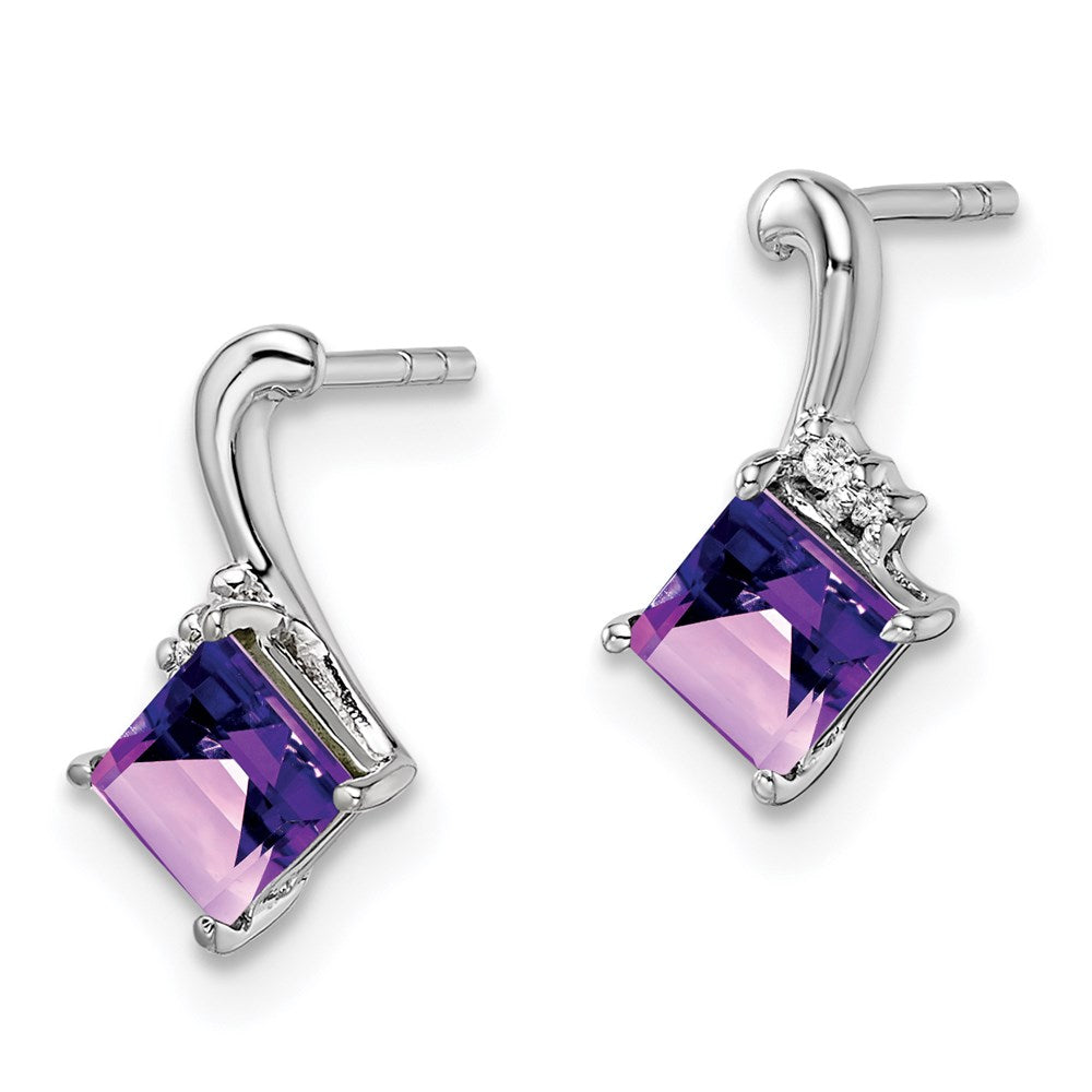 Sterling Silver Rhodium Plated Dia. & Amethyst Square Post Earrings