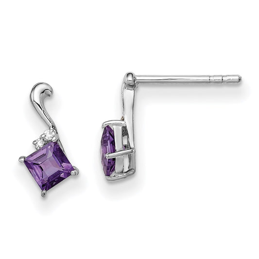 Sterling Silver Rhodium Plated Dia. & Amethyst Square Post Earrings