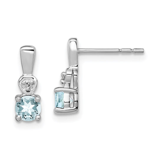 Sterling Silver Rhodium Plated Diamond & Aquamarine Post Earrings