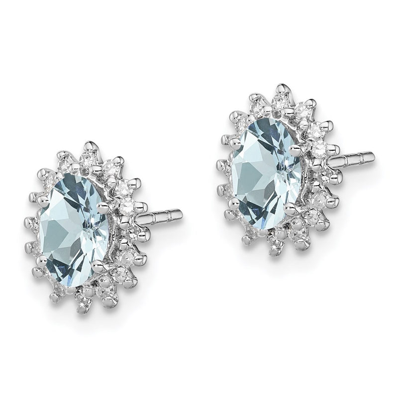 Sterling Silver Rhodium Plated Diamond Aquamarine Post Earrings
