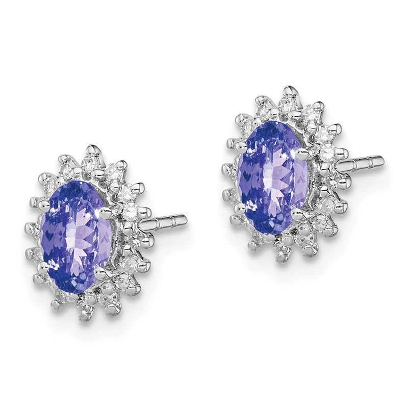 Sterling Silver Rhodium Plated Diamond Tanzanite Oval Post Earrings