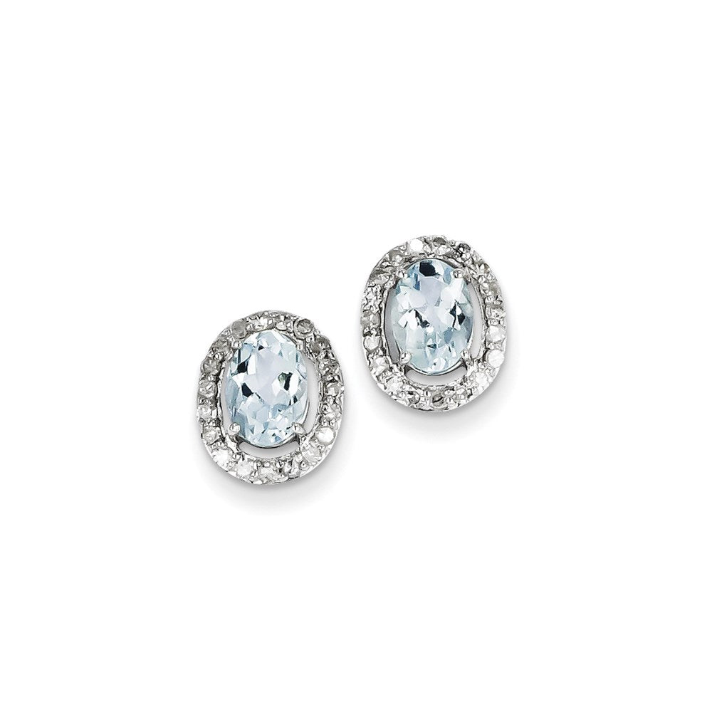 Sterling Silver Rhodium Plated Dia. & Aquamarine Oval Post Earrings