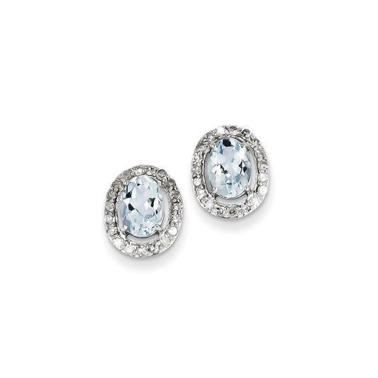 Sterling Silver Rhodium Plated Dia. & Aquamarine Oval Post Earrings