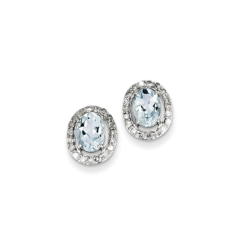 Sterling Silver Rhodium Plated Dia. & Aquamarine Oval Post Earrings