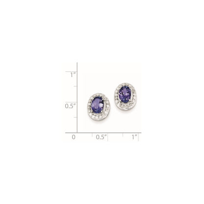 Sterling Silver Rhodium Plated Diamond & Tanzanite Oval Post Earrings