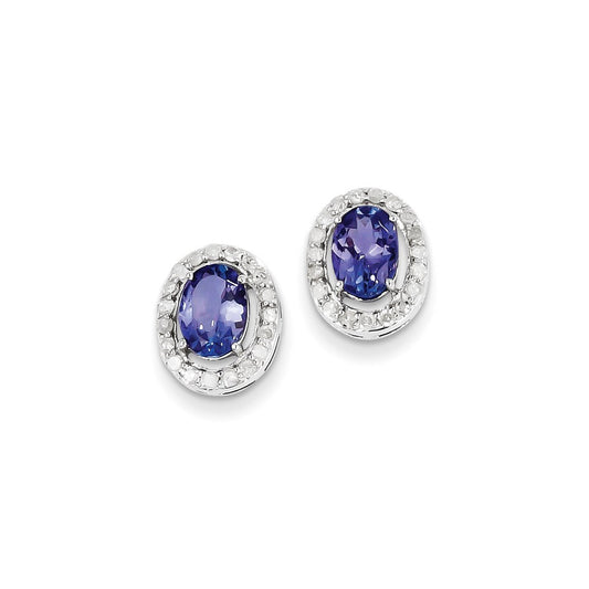 Sterling Silver Rhodium Plated Diamond & Tanzanite Oval Post Earrings