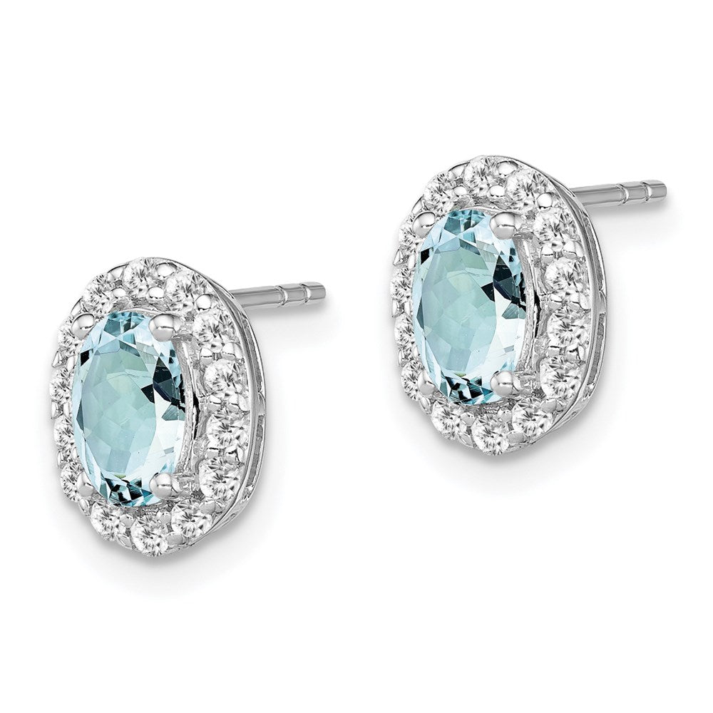 Sterling Silver Rhodium Plated Dia. & Aquamarine Oval Post Earrings