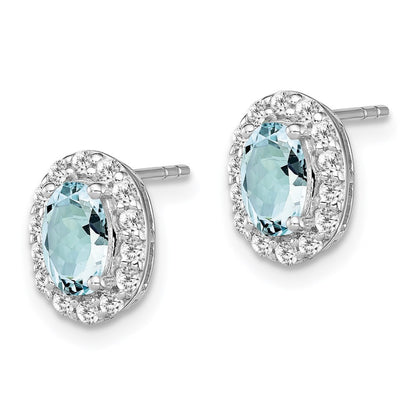 Sterling Silver Rhodium Plated Dia. & Aquamarine Oval Post Earrings