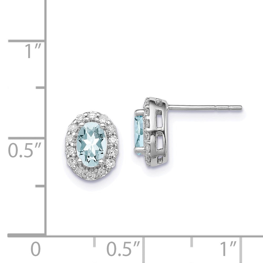 Sterling Silver Rhodium Plated Dia. & Aquamarine Oval Post Earrings
