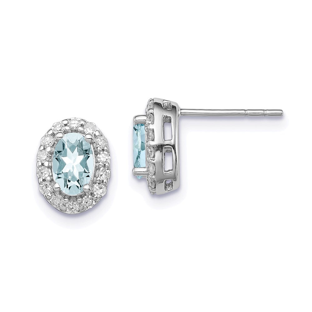 Sterling Silver Rhodium Plated Dia. & Aquamarine Oval Post Earrings