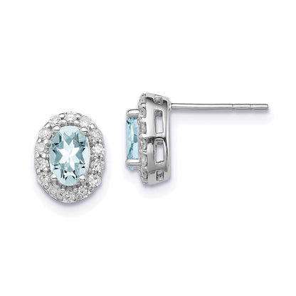 Sterling Silver Rhodium Plated Dia. & Aquamarine Oval Post Earrings