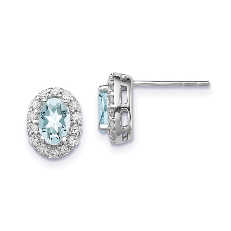 Sterling Silver Rhodium Plated Dia. & Aquamarine Oval Post Earrings
