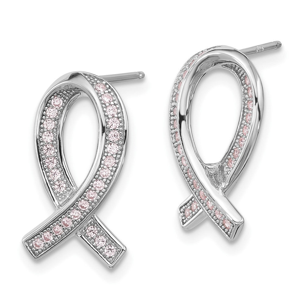 Brilliant Embers Sterling Silver Rhodium-plated 52 Stone Micro Pavâ€š Pink CZ Awareness Ribbon Post Earrings