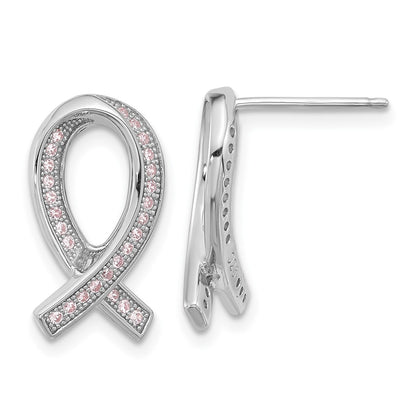 Brilliant Embers Sterling Silver Rhodium-plated 52 Stone Micro Pavâ€š Pink CZ Awareness Ribbon Post Earrings