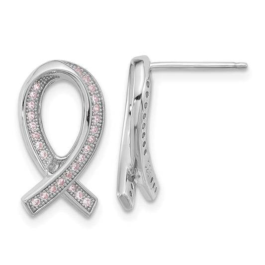 Brilliant Embers Sterling Silver Rhodium-plated 52 Stone Micro Pavâ€š Pink CZ Awareness Ribbon Post Earrings