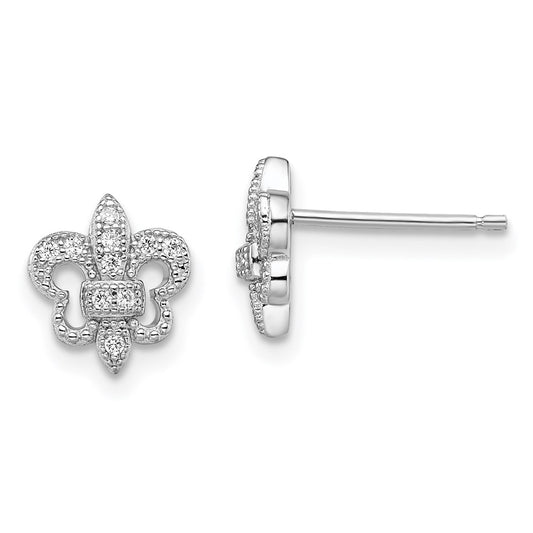 Brilliant Embers Sterling Silver Rhodium-plated 20 Stone Micro Pavâ€š CZ Fleur De Lis Post Earrings