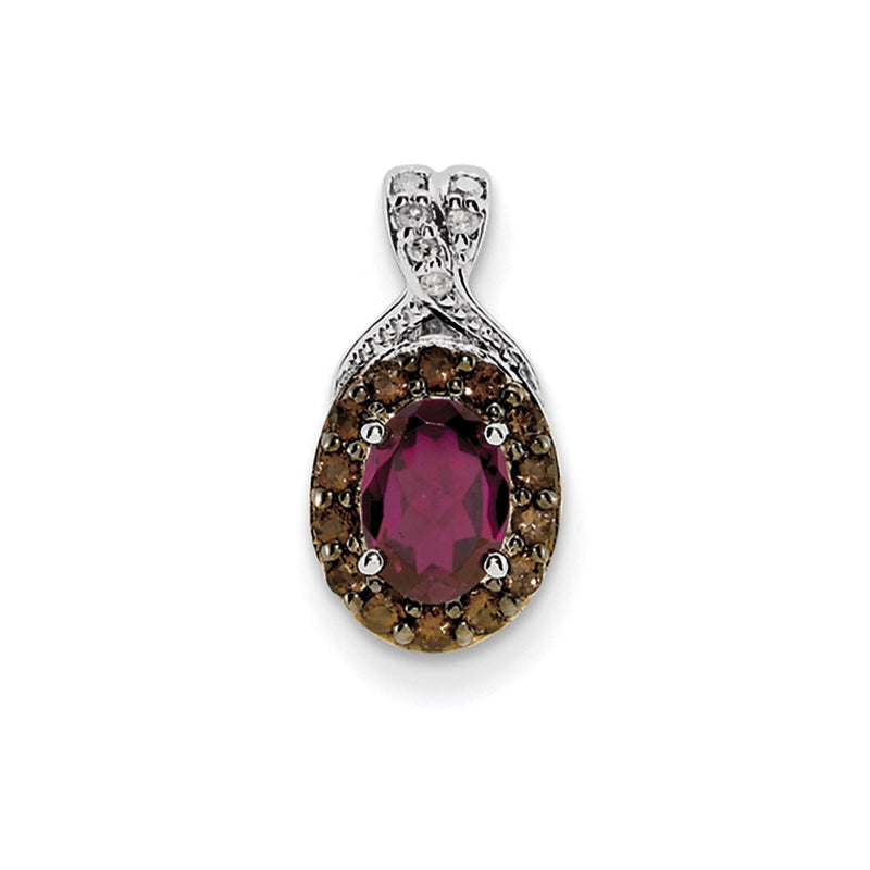 Sterling Silver Rhodium Rhodolite Garnet & Smoky Qrtz & Diamond Pendant