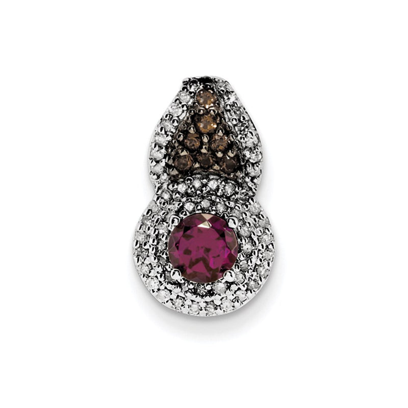 Sterling Silver Rhodium Rhodolite Garnet & Smoky Qrtz & Diamond Pendant