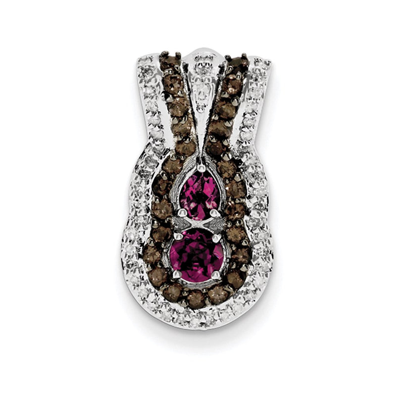 Sterling Silver Rhodium Rhodolite Garnet & Smoky Qrtz & Diamond Pendant