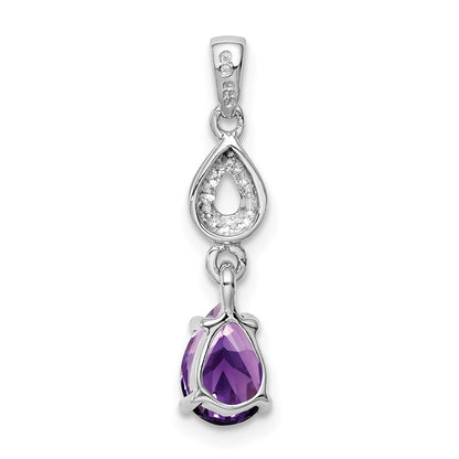 Sterling Silver Rhodium Plated Diamond and Amethyst Dangle Pendant