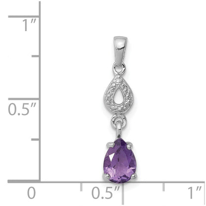 Sterling Silver Rhodium Plated Diamond and Amethyst Dangle Pendant