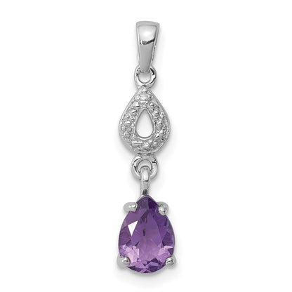 Sterling Silver Rhodium Plated Diamond and Amethyst Dangle Pendant