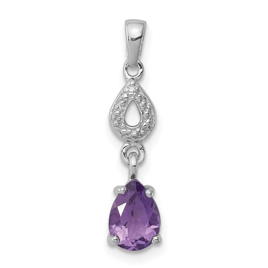 Sterling Silver Rhodium Plated Diamond and Amethyst Dangle Pendant