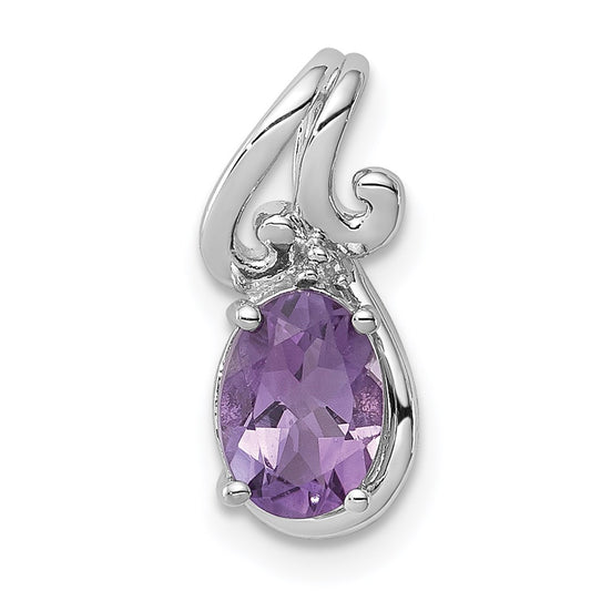 Sterling Silver Rhodium Plated Diamond & Amethyst Oval Pendant