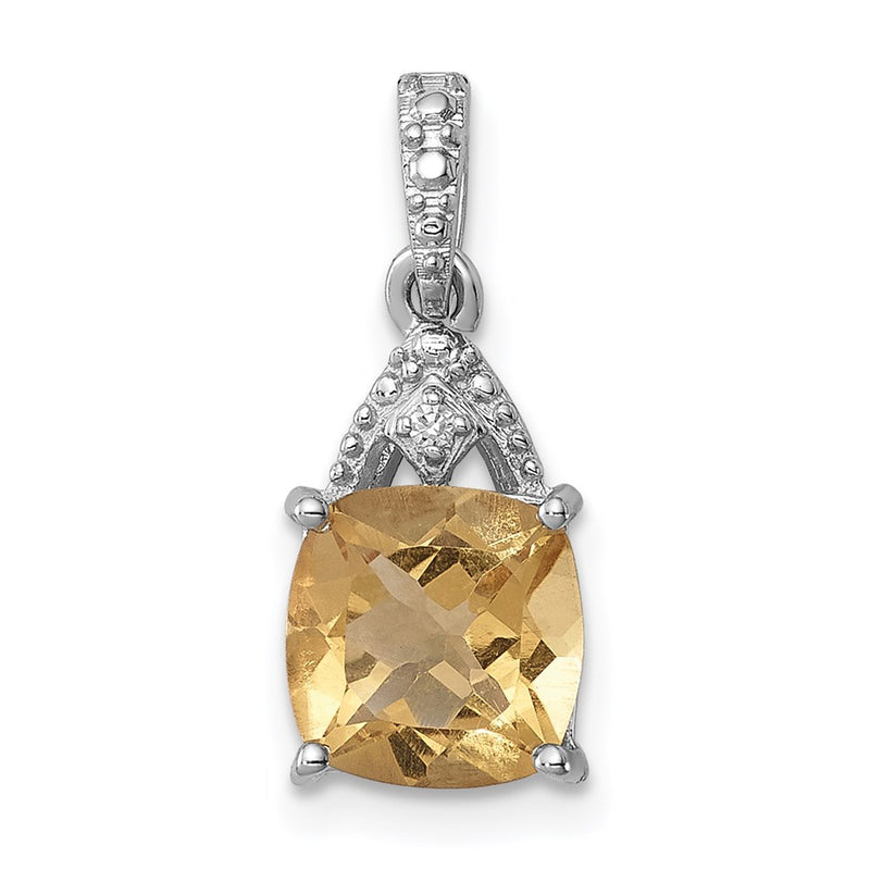 Sterling Silver Rhodium Plated Diamond Citrine Cushion Pendant