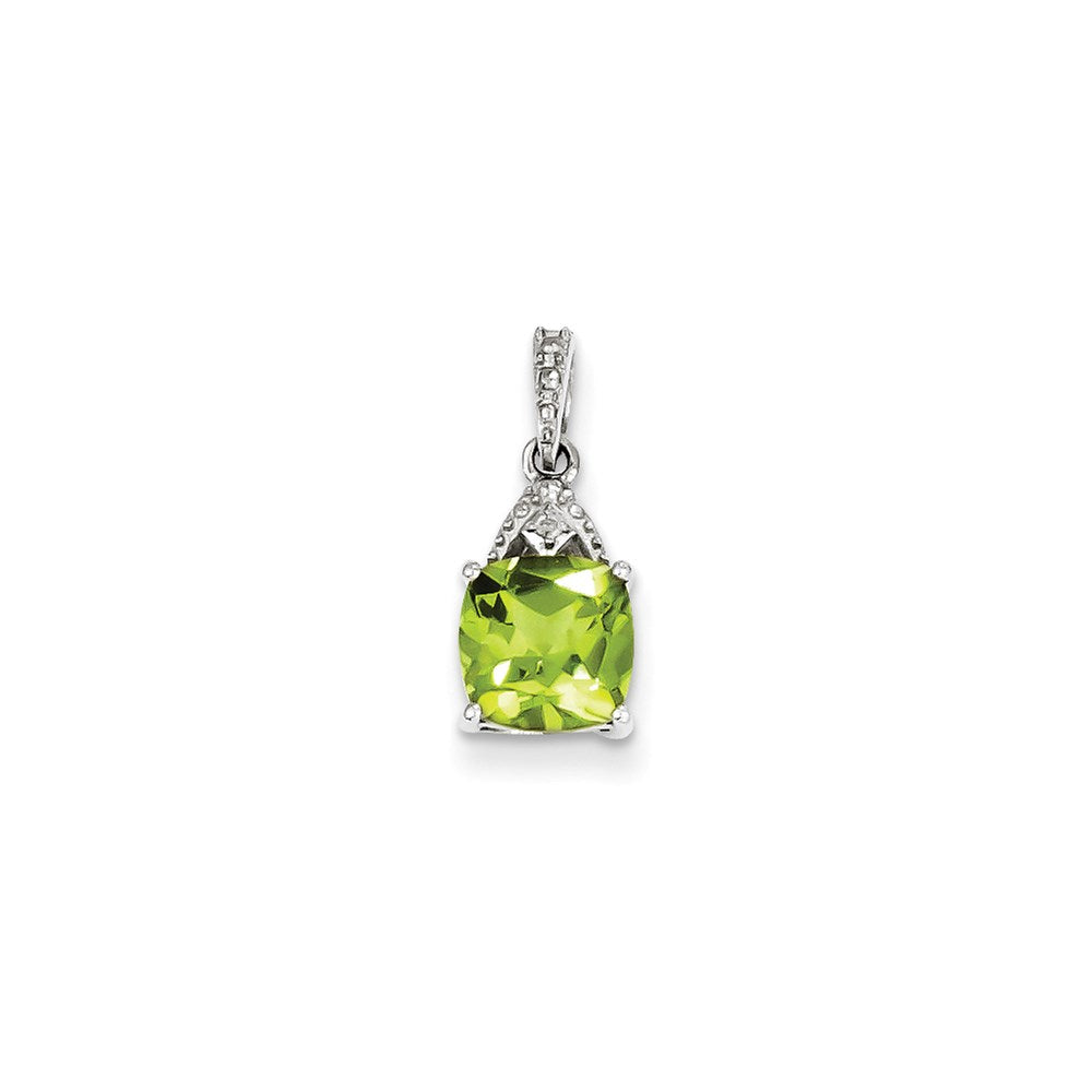 Sterling Silver Rhodium Plated Diamond Peridot Cushion Pendant