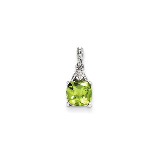 Sterling Silver Rhodium Plated Diamond Peridot Cushion Pendant