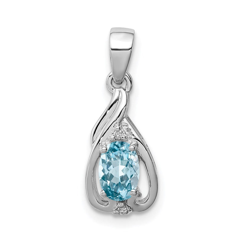 Sterling Silver Rhodium Plated Diamond & Sky Blue Topaz Oval Pendant