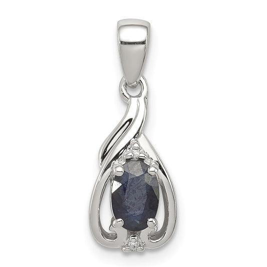 Sterling Silver Rhodium Plated Diamond & Sapphire Oval Pendant