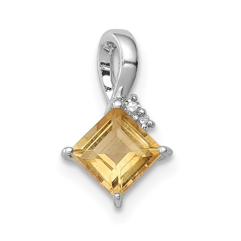 Sterling Silver Rhodium Plated Diamond and Citrine Pendant