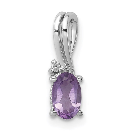 Sterling Silver Rhodium Plated Diamond Amethyst Oval Pendant