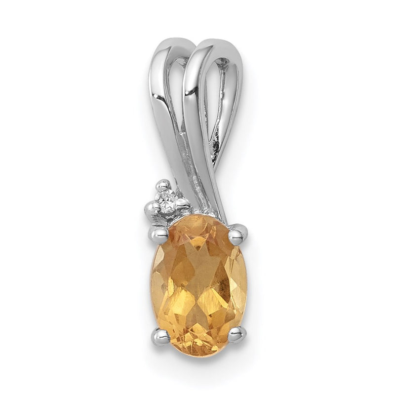 Sterling Silver Rhodium Plated Diamond Citrine Oval Pendant