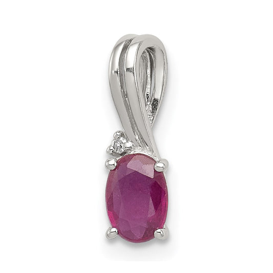 Sterling Silver Rhodium Plated Diamond & Ruby Oval Pendant