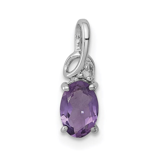 Sterling Silver Rhodium Plated Diamond Amethyst Oval Pendant