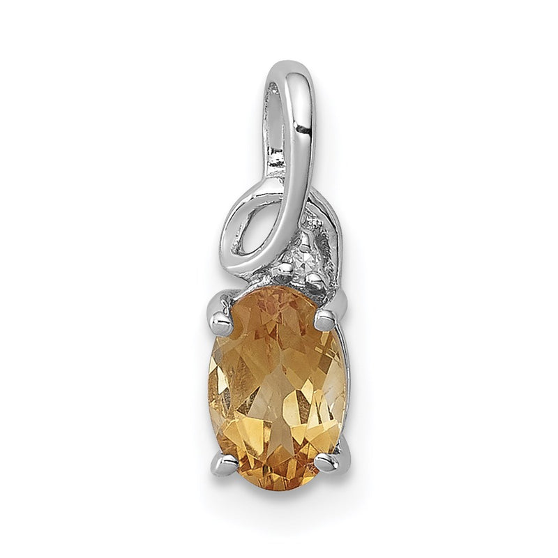 Sterling Silver Rhodium Plated Diamond Citrine Oval Pendant