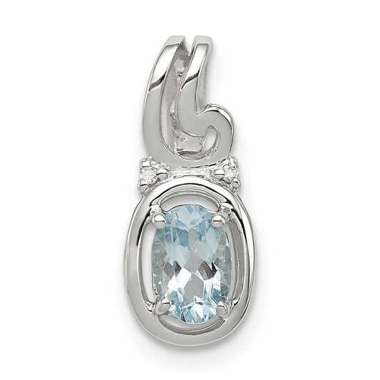 Sterling Silver Rhodium Plated Diamond Aquamarine Oval Pendant