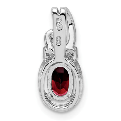 Sterling Silver Rhodium Plated Diamond Garnet Oval Pendant