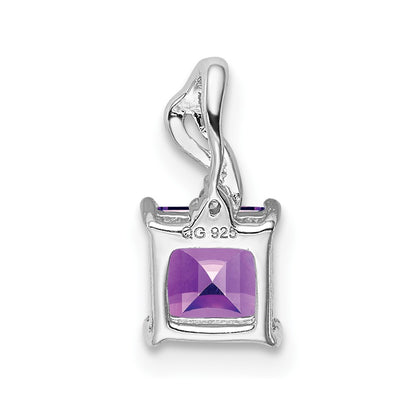 Sterling Silver Rhodium Plated Diamond & Amethyst Square Pendant