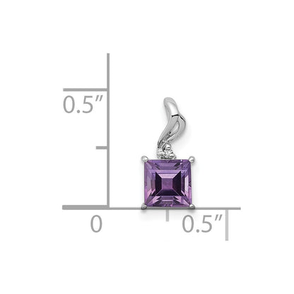 Sterling Silver Rhodium Plated Diamond & Amethyst Square Pendant