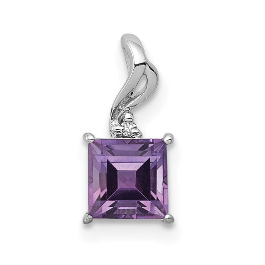 Sterling Silver Rhodium Plated Diamond & Amethyst Square Pendant